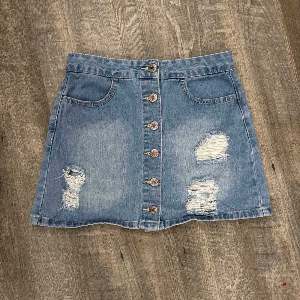 Distressed Denim Mini Skirt Button Front Sz S
